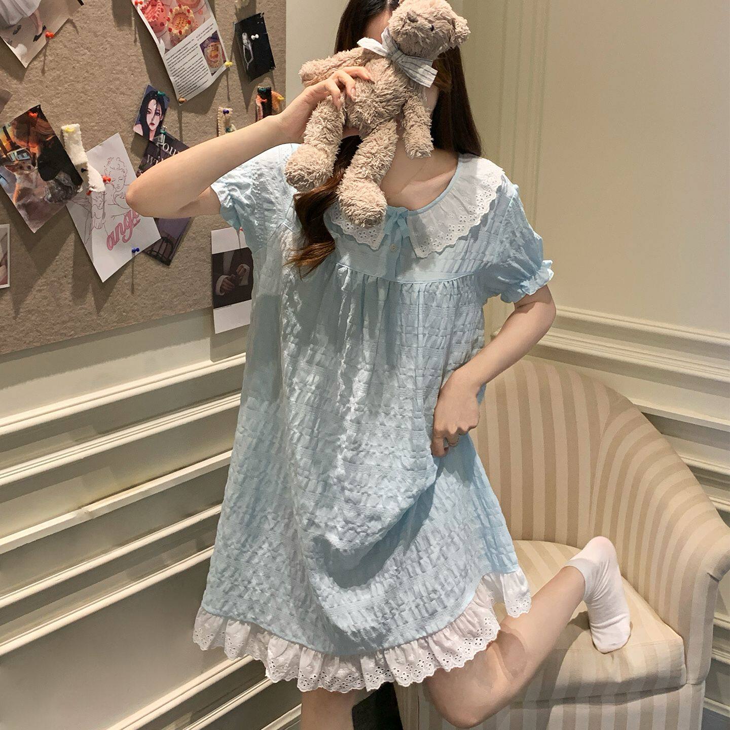 时尚甜美公主风短袖花边睡裙夏季云朵棉长款睡衣宽松可外穿家居服