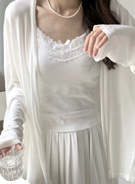 韩系温柔白色防晒冰丝外套女夏慵懒宽松针织开衫V领百搭空调衫秋