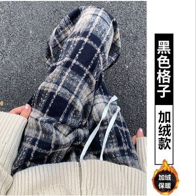 毛呢加绒格子裤女秋冬高腰经典复古黑色休闲直筒裤显瘦窄版阔腿裤