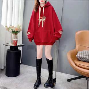 国风卫衣女款中刺绣红色连帽女士2023年新款秋冬加绒加厚宽松国潮