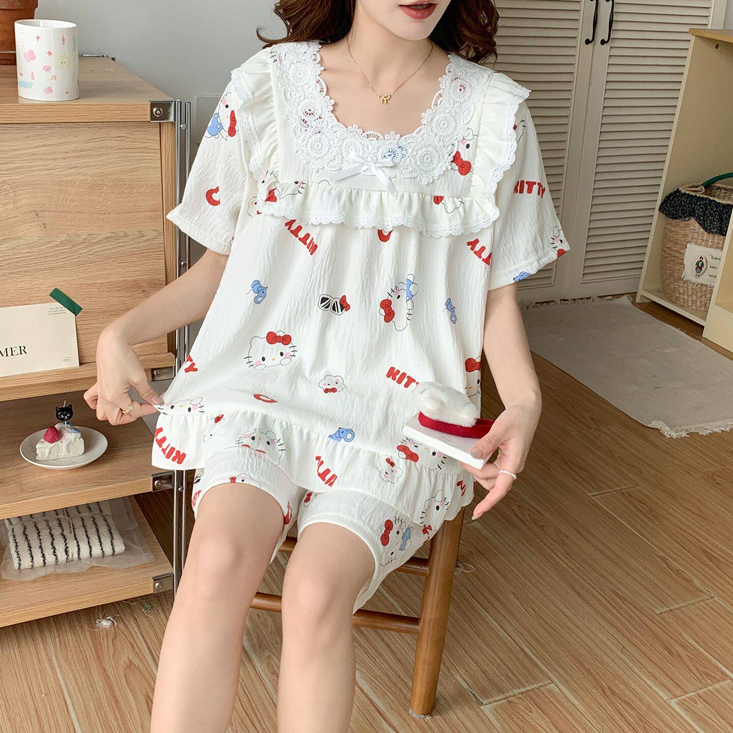 甜美可爱学生款少女套头家居服套装云朵棉睡衣女夏季薄款短袖短裤