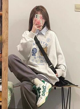 美式复古小狗印花加绒无帽卫衣女秋冬慵懒风小众ins上衣服不带帽