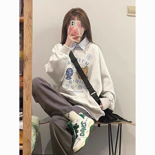美式复古小狗印花加绒无帽卫衣女秋冬慵懒风小众ins上衣服不带帽