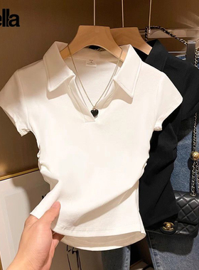 Puella设计感收腰POLO领正肩短袖女上衣夏季美式修身抽褶辣妹t恤