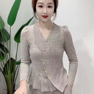 洋气V领打底衫 休闲外套衬衫 显瘦纯色长袖 上衣大码 绒衫 春秋新款