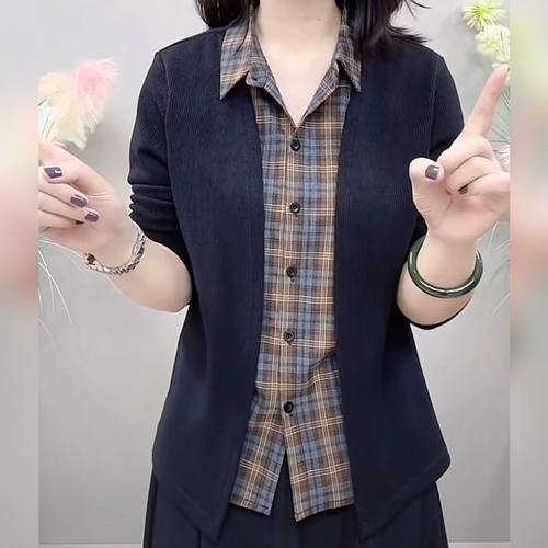 春秋新款洋气假两件打底衫显瘦纯色长袖绒衫上衣大码休闲外套衬衫