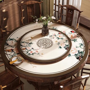 新中式皮革圆形桌布防水防油免洗防烫圆桌桌布双层带转盘圆桌垫