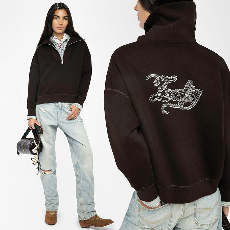 25秋冬新款法国小众ZV后字母刺绣烫钻拉链胸翻领抓绒女士卫衣衫,女装/女士精品,卫衣/绒衫,淘宝优惠券,粉丝福利购,淘宝优惠卷