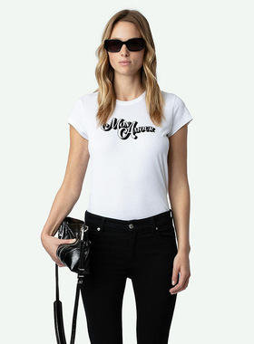 25春季新款法国小众ZV字母MON AMOUR植绒印花修身白色女士短袖T恤