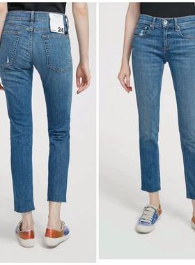 秋季新款rag&bong深蓝中腰直筒毛边九分牛仔裤女