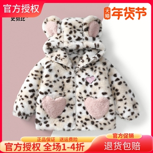 史努比女童外套2025冬季新款豹纹保暖卡通毛绒宝宝夹棉连帽厚上衣