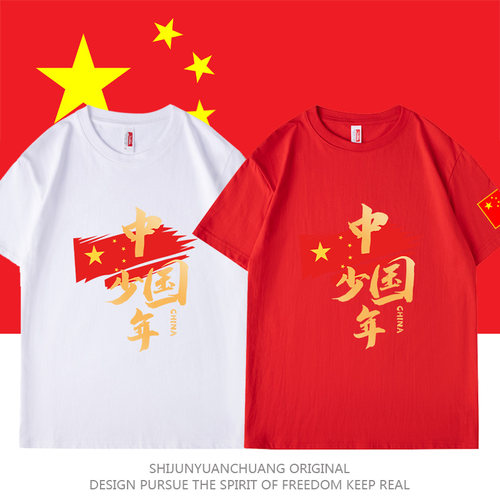 中国少年china字样短袖中小学生爱国T恤男宽松休闲大码上衣服定制