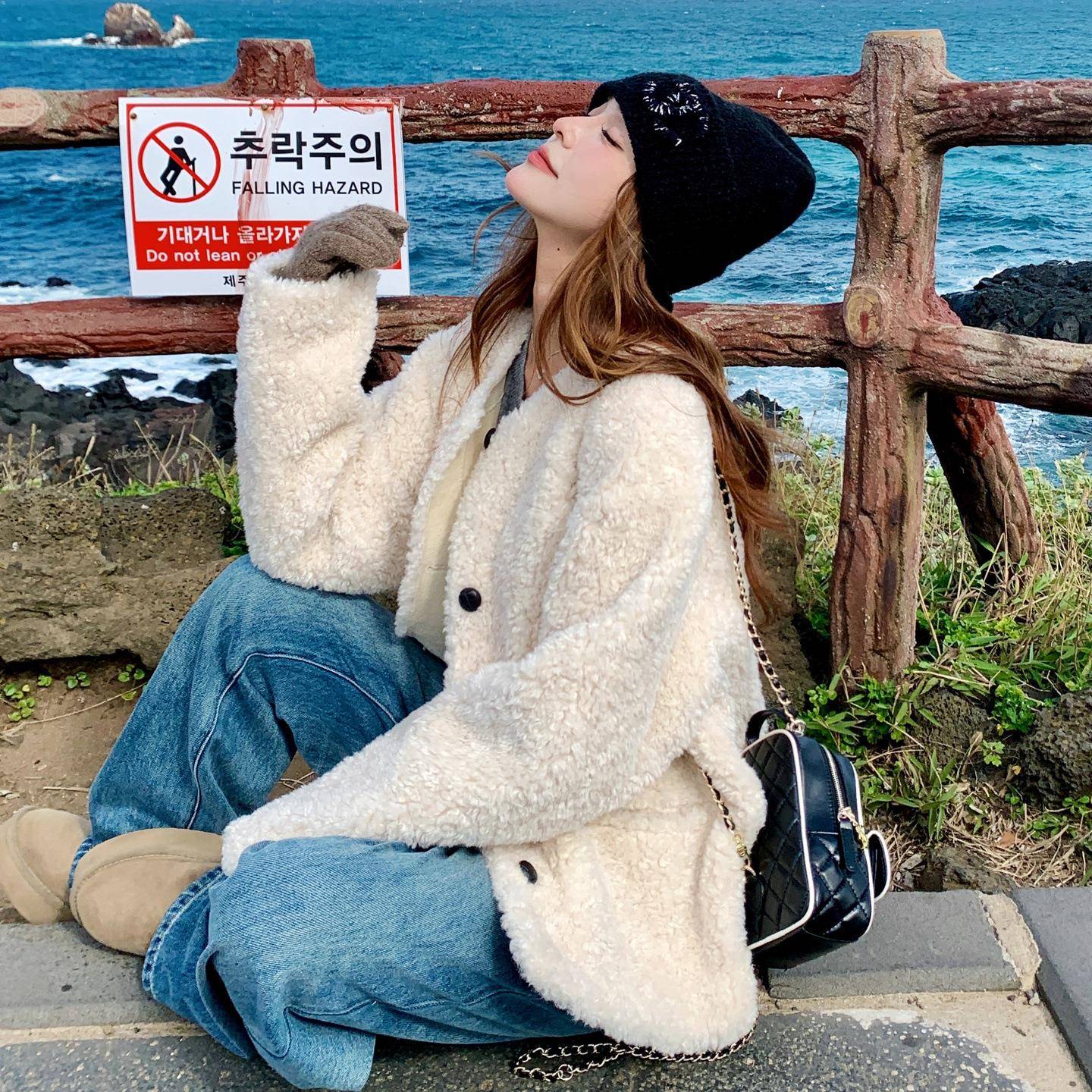 米白色羊羔毛外套女202冬新款慵懒风休加闲百C183-251搭保厚暖仿