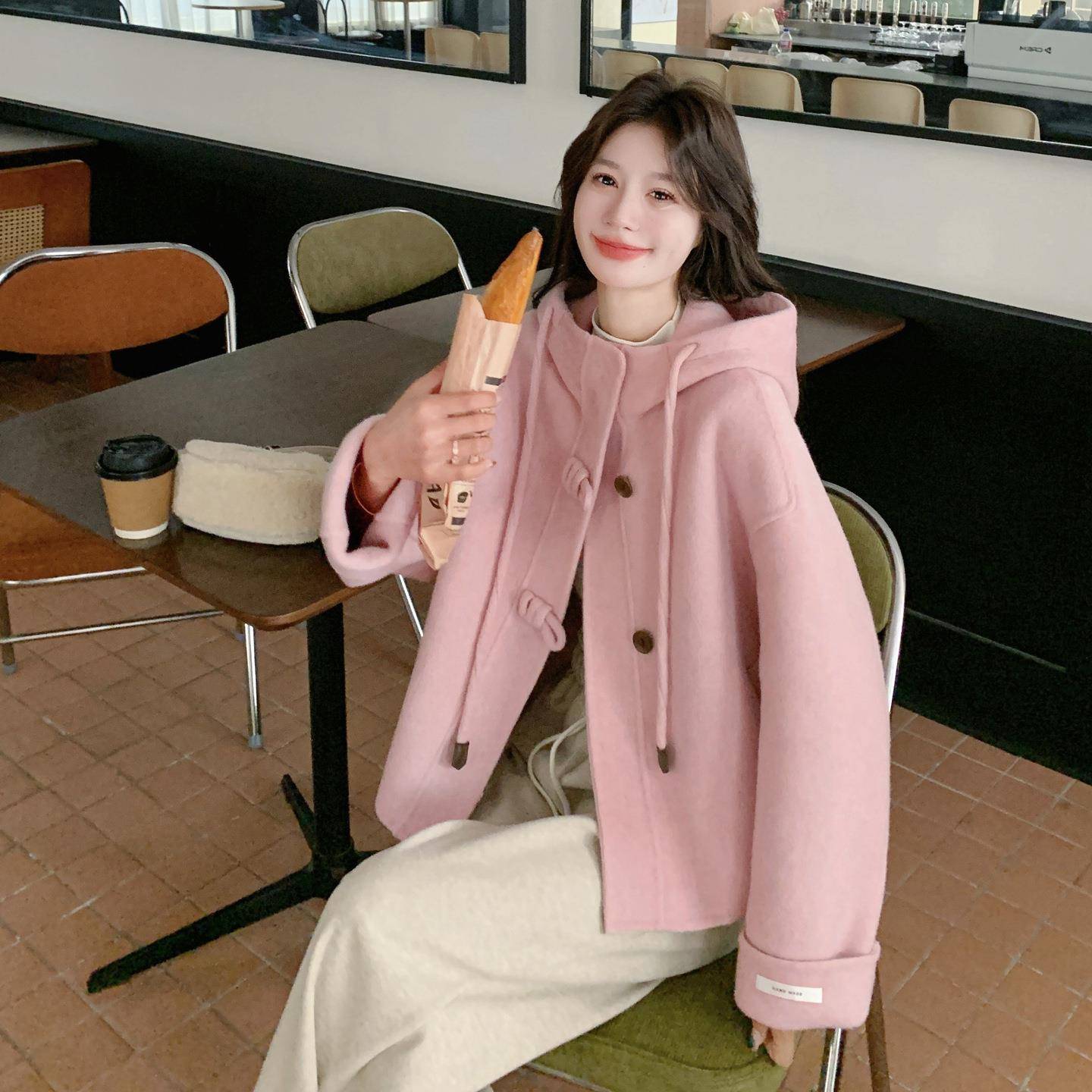 粉色短5款连C325-559帽双面羊毛大衣女秋冬2减02好新款韩系超看龄