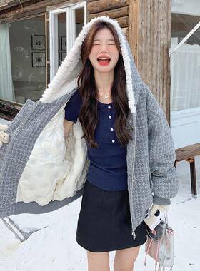 灰色韩系小香2风羽绒服女款20B189-8595冬季款拼接毛绒连帽新90白