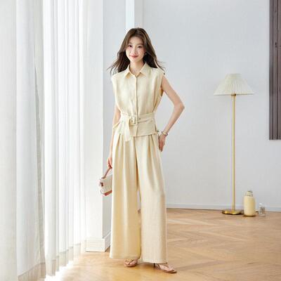 时尚闲两件衫套女夏季色新款纯翻领短袖衬阔YE6538-0腿裤休套装