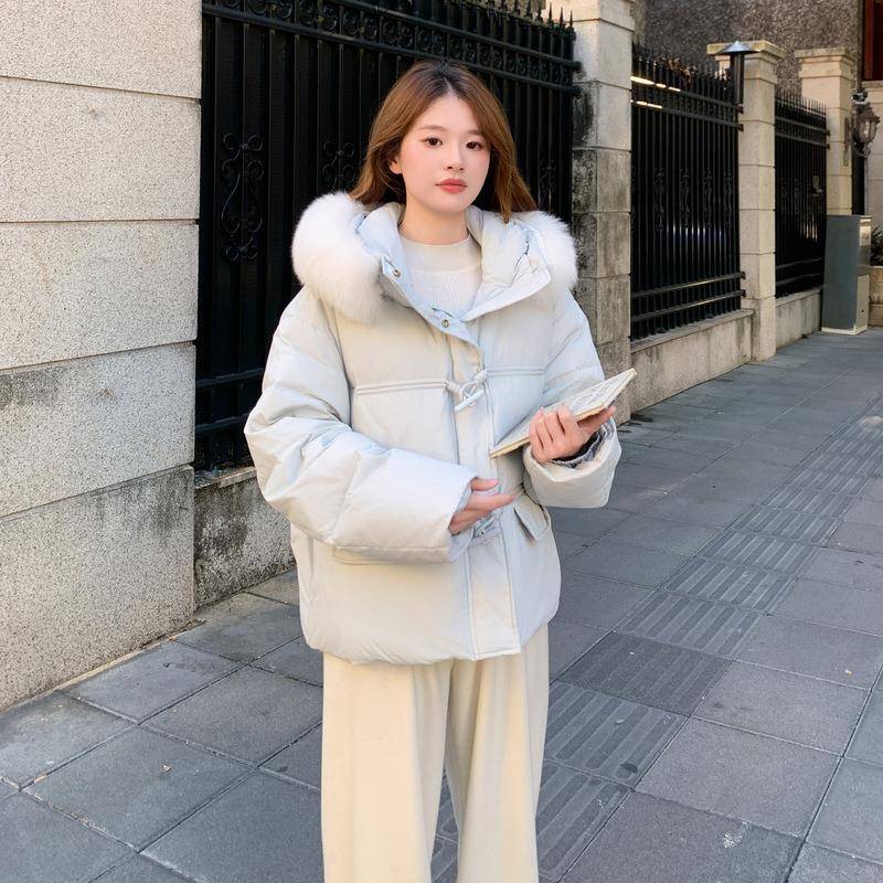 蓝色超好看大毛领短款2B105-25外连帽羽绒服女2白025冬甜季美减龄