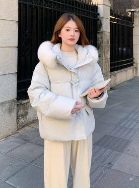 蓝色超好看大毛领短款2B105-25外连帽羽绒服女2白025冬甜季美减龄