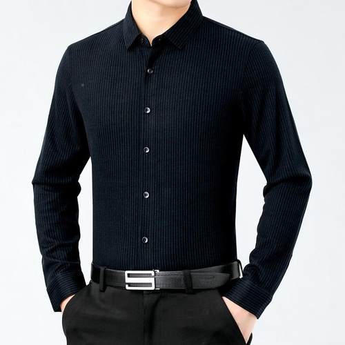 春秋商205-515新款男式衬衫长袖中羊务休闲免烫年男士条纹绒衬衣