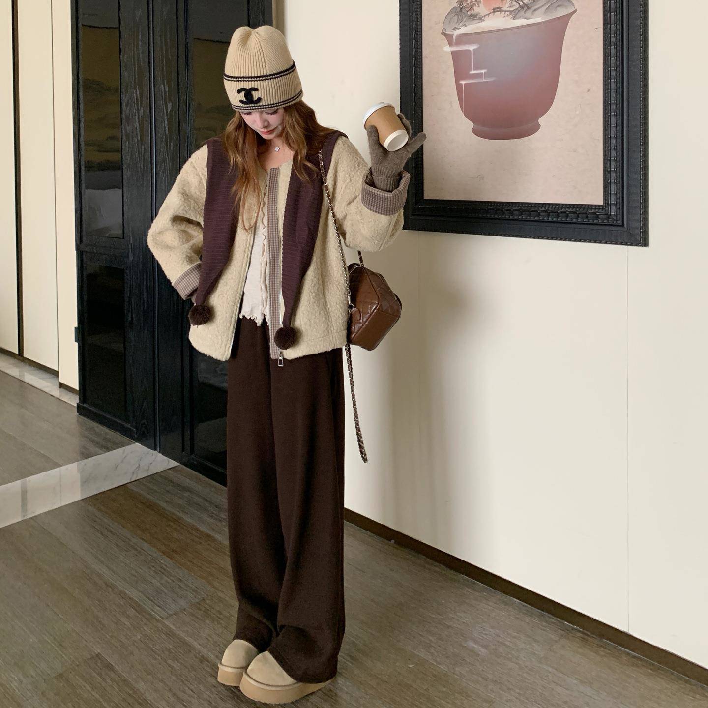 c266-806上格2纹拼接羊羔毛外套女冬025新款韩系体休闲气质仿皮毛