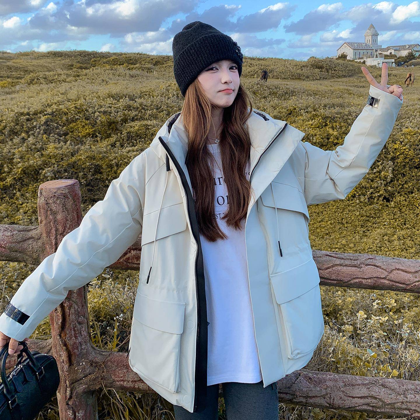 米白b213A-25色工2装连帽冲衣锋羽绒服女冬季025新款韩系休闲克服