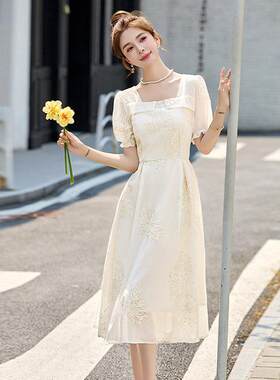 新中式国风短袖连衣裙女LB2806-0新款夏子小个刺方领中绣长款裙