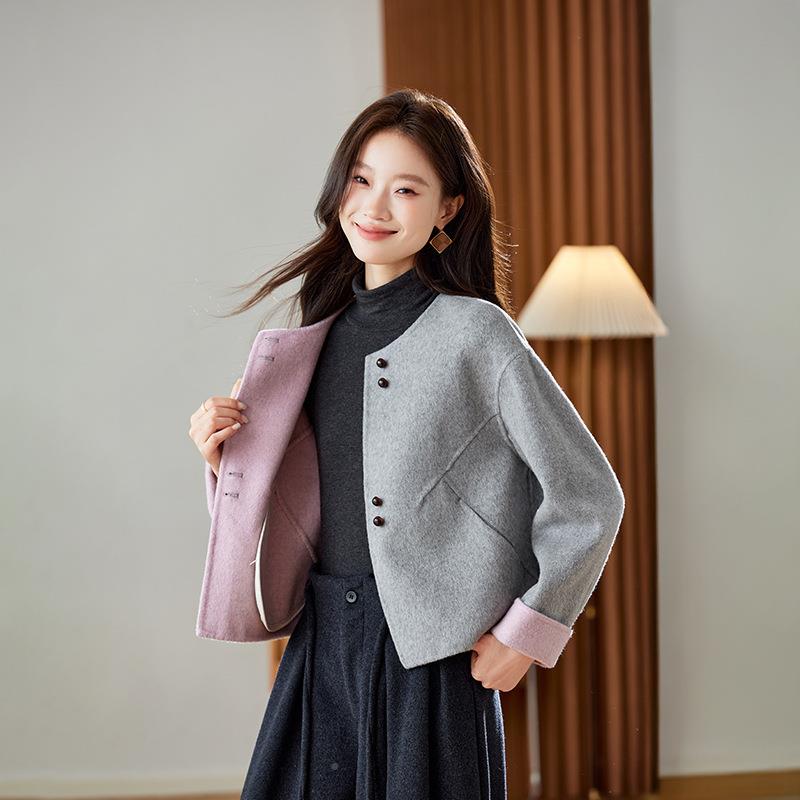 圆领双面羊毛大衣女短瘦款2毛5秋冬宽松E显HE5118-1百搭小个子呢