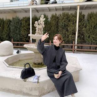 G19短外套 圆领C212 灰色韩系ch呢ic夹身棉毛套装 裙女2件025冬新款