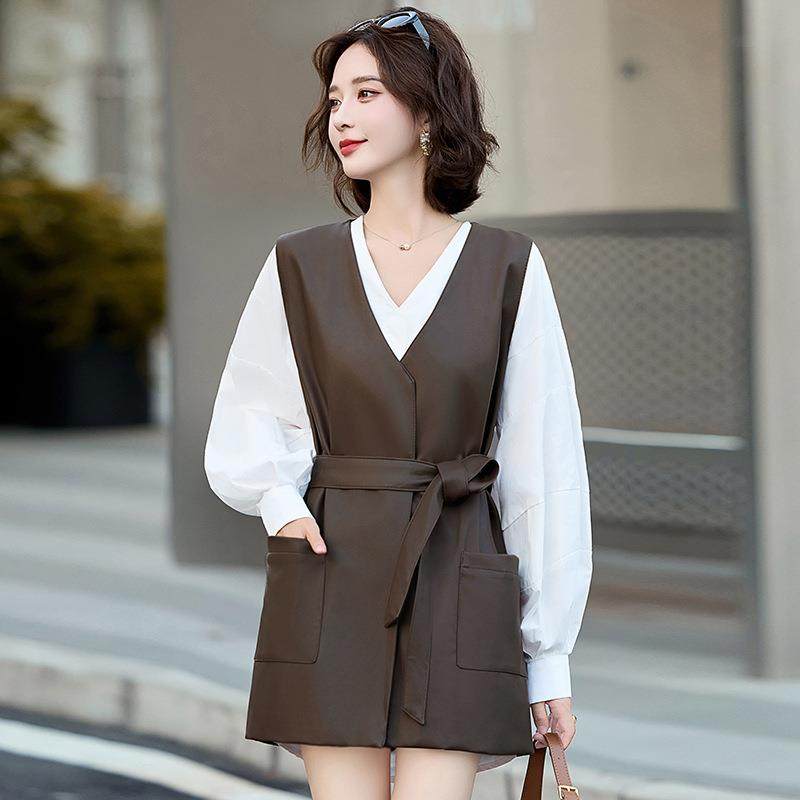 时尚设计感衬衫皮马甲套2装女20秋4季新款质显瘦宽气松马ZDONG503