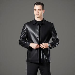 皮衣夹克秋加扣子潮 爸爸皮衣外套绒翻领休SUM闲时尚 新款 士男冬季