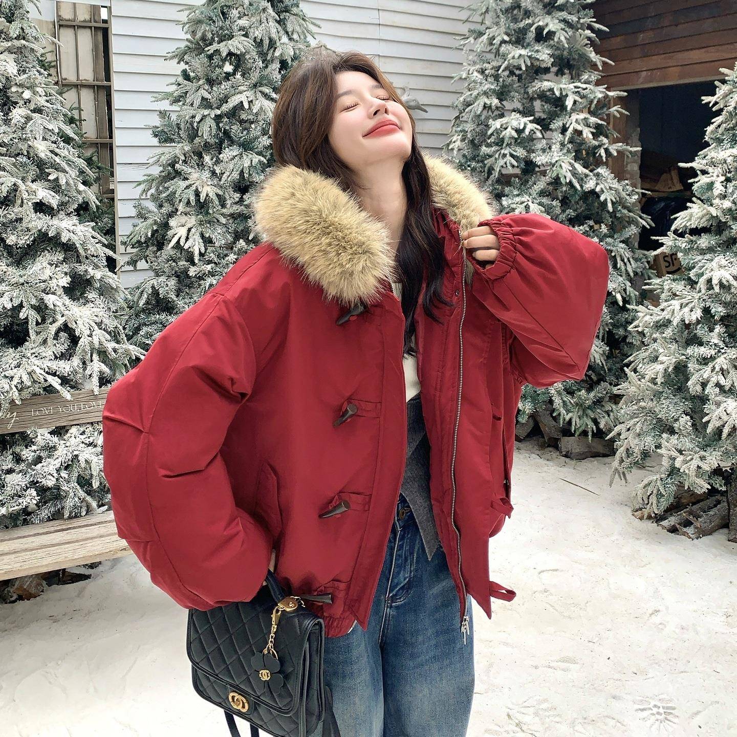 红色高级感牛角扣大领派克外套女202C206-L65冬服新款休闲毛连帽5