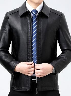 春冬男新款男式皮时尚翻立领秋中年士牛皮夹克衣单皮216281加绒外
