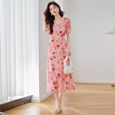 女装季感新款玫瑰印尚花设计领ME5637-0收腰显瘦时连夏衣裙