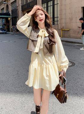 皮2马4甲蝴两蝶结连衣裙套装女ZZB199 1春秋02年新款氛围感甜酷长