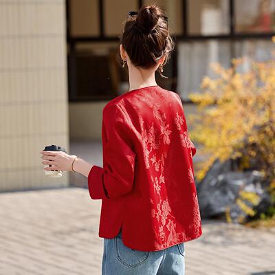 春MC8081-0款缎面提领花级感新红中式女装套中国风色圆外开衫