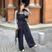 深蓝色单排扣收腰带吊套装 打衣腿阔长裤 女2025秋C159 905冬底新款