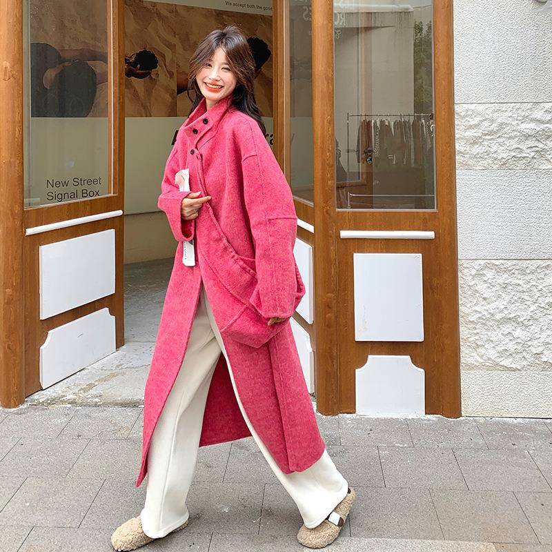 火龙果色巨好看羊长双面呢绒大衣b102-908女新秋冬款款过膝高级感