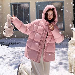 织拼接粉色连帽羽绒服女2025冬季可厚C155-975盐可甜小针个子加白