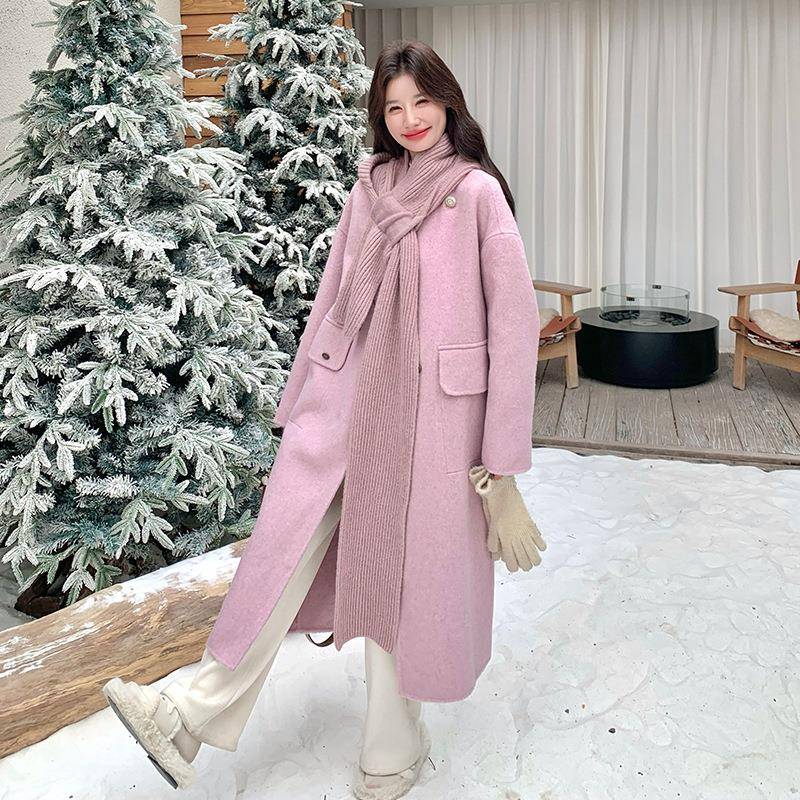 粉毛围色针织巾连帽双面呢羊大衣女冬2季025D109-917新款设计温柔