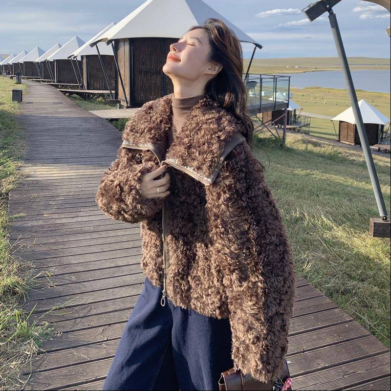 c217-807美拉德羊羔毛外套女短款20皮5冬新款复古高感时尚保暖2仿