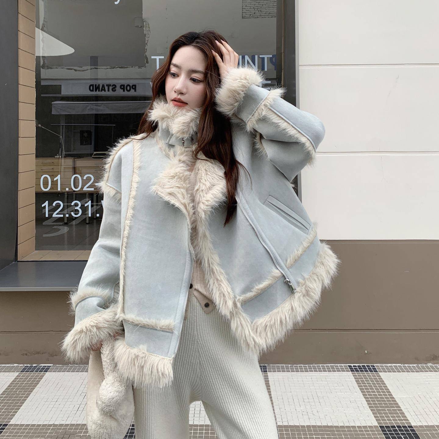 蓝色皮毛一体女冬套加绒加厚2克02B193-9305外巨好看高级感独特超