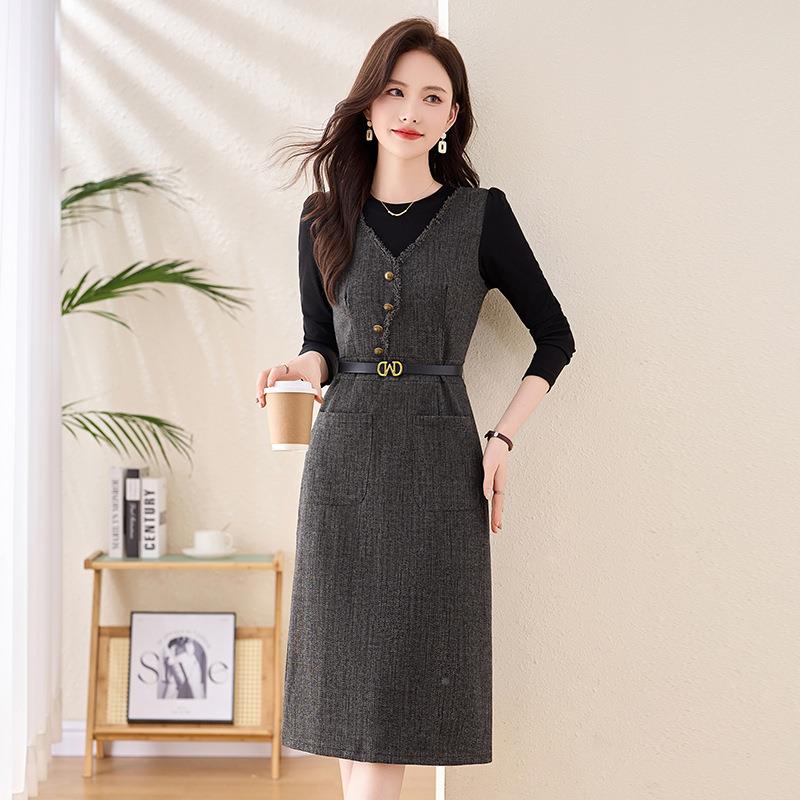 2025春秋新款时尚减洋气轻奢龄女装假两件套连衣裙5带 配腰LX255-