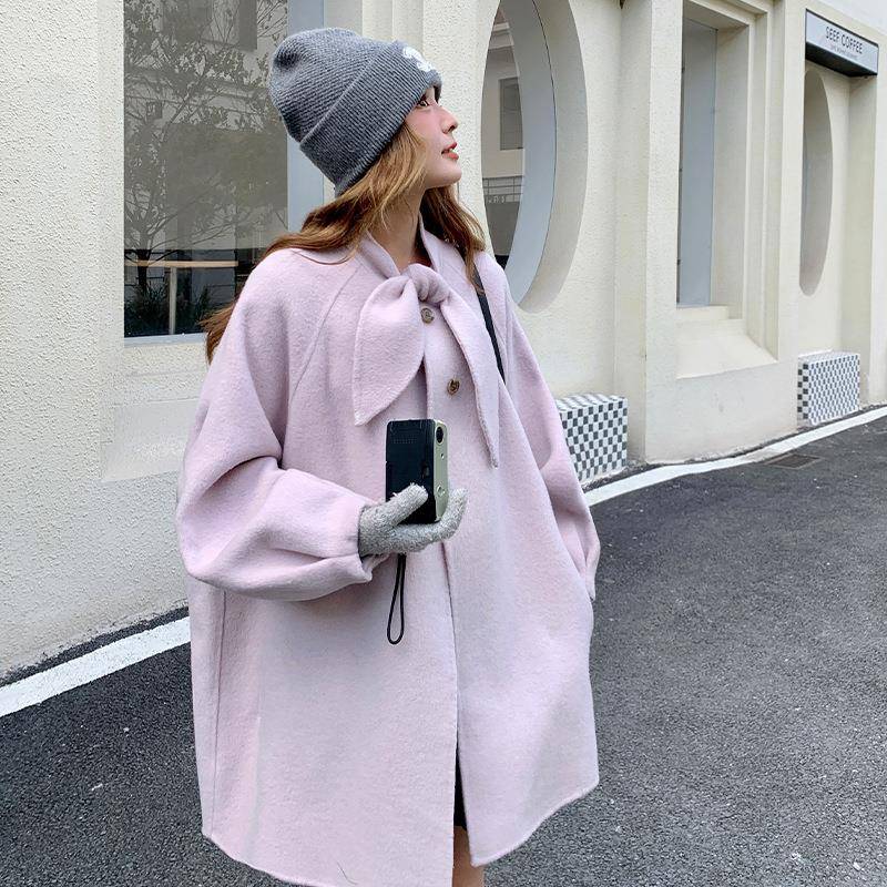 粉色羊温柔风双面呢毛外大衣女冬2秋025C007-180新款设计流行中长