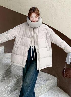 米B210-329灰色韩针围脖短款织羽绒服女加2025冬宽松保暖90白鸭绒