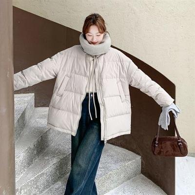 米B210-329灰色韩针围脖短款织羽绒服女加2025冬宽松保暖90白鸭绒