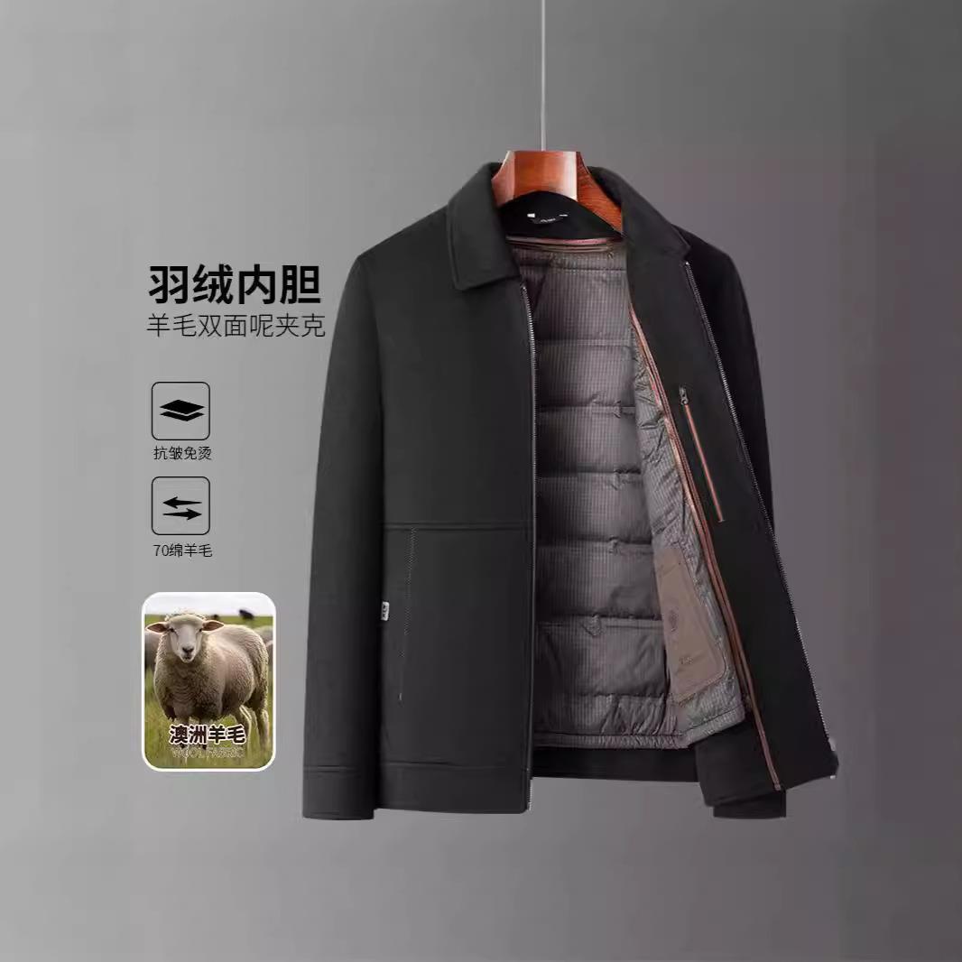 款秋冬新款款羊YUE毛夹克男闲白鸭绒羽绒内胆商务休轻奢短翻领外