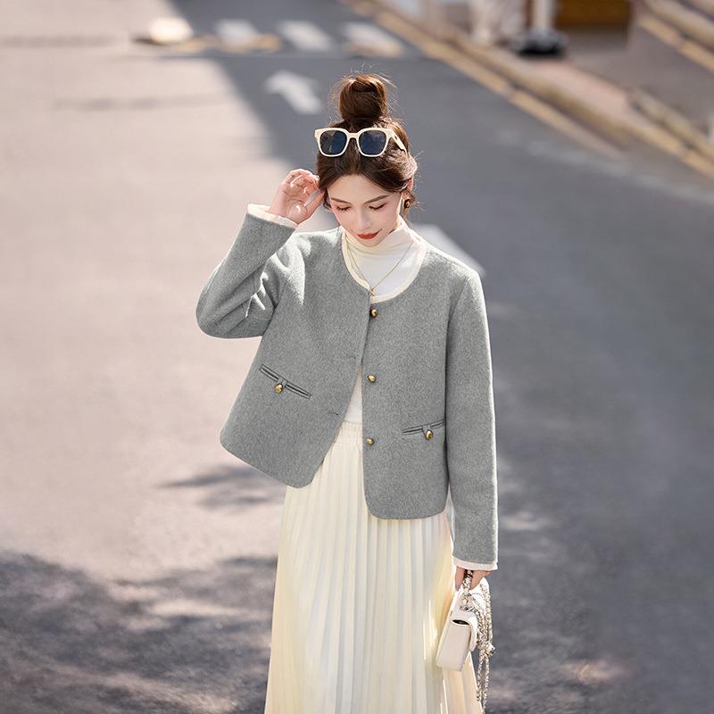 双面羊毛大衣女短2025冬新款显瘦小外个子花边羊毛套 Y秋YE6512-1