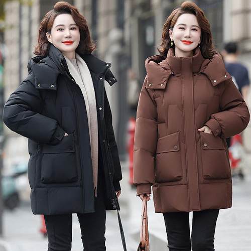 羽新绒女保中长款白鸭绒冬季服款加厚TOQ妈妈装连帽宽松暖外套