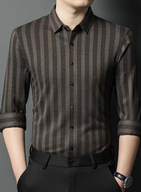 年男士高档山中羊绒衫新QWR秋冬衬翻领条纹长袖时尚休闲衬款衣男