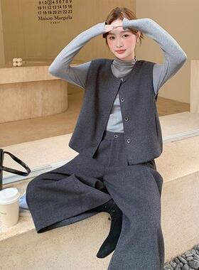 灰色古气质呢套装女冬b113-C522复025新款成套搭裤配马甲七分毛阔